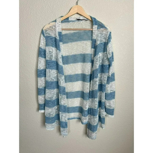 Retro Threads Open Knit Cardigan Size medium blue white striped crochet Boho - Picture 1 of 9